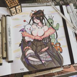 1girl 5-ish_(crevettavt) armpit_crease art_tools_in_frame bare_shoulders belt black_coat black_hair braid breasts chocobo cleavage coat collarbone commentary crafting_table_(minecraft) final_fantasy final_fantasy_x fur-trimmed_coat fur_trim hair_ornament hair_over_one_eye hair_stick highres holding holding_stuffed_toy large_breasts long_hair lulu_(ff10) moogle multiple_belts multiple_braids multiple_necklaces photo_(medium) sabotender standing stuffed_toy tonberry traditional_media white_background