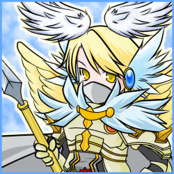 1boy armor blonde_hair blue_wings breastplate cape commentary_request feathered_wings grey_cape head_wings holding holding_polearm holding_weapon looking_at_viewer male_focus mask mouth_mask polearm ragnarok_online rune_knight_(ragnarok_online) short_hair solo spear upper_body variant_set weapon white_wings wings yazawa_kazuki yellow_eyes yellow_wings