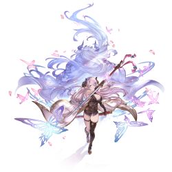 1boy 1girl asymmetrical_gloves asymmetrical_legwear bare_shoulders belt boots braid breasts bug butterfly cleavage closed_mouth coat draph eahta_(granblue_fantasy) elbow_gloves fingerless_gloves full_body gloves granblue_fantasy hair_ornament hair_over_one_eye hairclip holding holding_weapon horns insect katana knee_boots large_breasts long_hair looking_at_viewer narmaya_(granblue_fantasy) official_art petals pointy_ears reverse_grip sheath sidelocks single_thighhigh sleeveless sleeveless_coat sparkle standing sword thigh_strap thighhighs transparent_background uneven_gloves uneven_legwear very_long_hair weapon zettai_ryouiki
