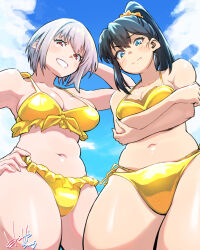 2girls absurdres arm_behind_head bikini black_hair blue_eyes blush breasts crossed_arms from_below gold_bikini gridman_universe hand_on_own_hip highres hori_shin large_breasts long_hair medium_breasts multiple_girls navel ponytail purple_hair red_eyes shinjou_akane short_hair signature ssss.gridman swimsuit takarada_rikka
