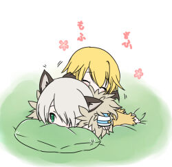 Rule 34 | 2boys, animal ears, arch bishop (ragnarok online), blonde hair, blush, borrowed character, cat boy, cat ears, chibi, commentary request, full body, green eyes, grey hair, hair over one eye, hiruankou, lying, male focus, multiple boys, on person, on stomach, ragnarok online, shadow chaser (ragnarok online), short hair