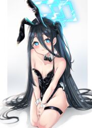 1girl alternate_costume animal_ears aris_(blue_archive) bare_shoulders between_legs black_bow black_bowtie black_hair black_leotard blue_archive blue_eyes blue_halo blue_nails bow bowtie breasts collar collarbone detached_collar eyelashes fake_animal_ears fake_tail feet_out_of_frame female_focus fingernails from_above grey_background halo hand_between_legs leotard loli long_hair meemz_a nail_polish naughty_face playboy_bunny rabbit_ears rabbit_tail seiza simple_background sitting small_breasts smile solo strapless strapless_leotard tail thigh_strap two-tone_background very_long_hair white_background white_collar wrist_cuffs
