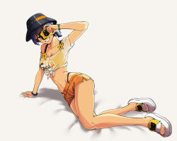 1girl belle_(zenless_zone_zero) bikini bikini_under_clothes black_hat black_nails blue_eyes blue_hair breasts bucket_hat camera cleavage commentary crop_top english_commentary full_body grin hat highres holding holding_camera lennu976 looking_at_viewer medium_breasts midriff nail_polish orange_shorts sandals see-through_clothes see-through_shirt shirt shoes short_sleeves shorts simple_background skindentation smile solo swimsuit toenail_polish toenails zenless_zone_zero