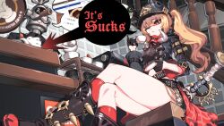 1boy 1girl baseball_bat belt black_belt black_boots black_gloves black_helmet black_jacket black_shirt black_shorts blonde_hair boots brass_knuckles breasts bright_pupils coffee_mug combat_helmet commentary crop_top crossed_bangs crossed_legs cup english_text foot_out_of_frame gloves hair_between_eyes hand_up helmet highres holding holding_cup holding_saucer jacket knee_boots kneehighs korean_commentary long_hair luciana_de_montefio mask midriff mixed-language_commentary mug navel one_eye_closed orangekun0807 pickelhaube pinky_out ranguage red_eyes red_socks respirator robot saucer shirt short_shorts shorts side_ponytail sitting socks speech_bubble speech_stab steam tin_master_(zenless_zone_zero) weapon zenless_zone_zero