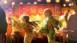brown_hair festival gakuen_idolmaster game_cg glasses highres himesaki_rinami holding holding_another&#039;s_hand idolmaster japanese_clothes japanese_text kimono kuramoto_china lantern mask mask_on_head official_art open_mouth pants pointing profile