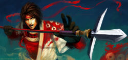 Rule 34 | armor, brown hair, headband, male focus, polearm, sanada yukimura, sengoku musou, spear, weapon