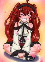 Rule 34 | 1girl, alternate hairstyle, blush, breasts, cherry blossoms, closed eyes, eris greyrat, feet, grin, happy, heart, highres, legs, long skirt, mushoku tensei, red hair, sitting, skirt, small breasts, smile, solo, teeth, thighs, twintails