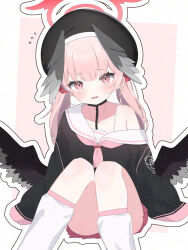 1girl absurdres beret black_hat black_shirt black_wings blue_archive blush commentary_request feathered_wings halo hat head_wings highres koharu_(blue_archive) long_hair looking_at_viewer low_twintails low_wings neckerchief off_shoulder open_mouth pink_eyes pink_hair pink_neckerchief pink_skirt red_halo school_uniform shirt sitting skirt sleeves_past_fingers sleeves_past_wrists socks solo sweatdrop twintails white_socks wings yuu_(yuu1601)