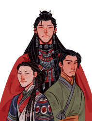 1girl 2boys absurdly_long_hair beads beard_stubble black_eyes black_hair blue_hanfu braid chinese_clothes closed_eyes ear_piercing earrings facial_hair family father_and_son fmd frown green_hanfu hair_beads hair_bun hair_ornament hanfu heterochromia highres hua_cheng jewelry long_hair miao_clothes mother_and_son multiple_boys multiple_piercings parent_and_child piercing red_eyes red_hanfu red_robe robe side_braid side_braids silver_earrings silver_necklace simple_background single_hair_bun smile stubble tianguan_cifu very_long_hair white_background