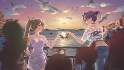 2girls against_railing ahoge alternate_costume bird black_tube_top blue_eyes blue_hair blurry brown_eyes brown_hair building can casual chia-yu_huang cloud cocktail_dress crowd denim depth_of_field dress drink_can eye_contact floral_print grin hair_intakes holding holding_can hololive hololive_english jeans looking_at_another midriff multiple_girls nanashi_mumei ouro_kronii pants ponytail railing see-through_clothes see-through_shirt shirt short_ponytail short_sleeves smile strapless toasting_(gesture) tube_top twilight virtual_youtuber water white_dress