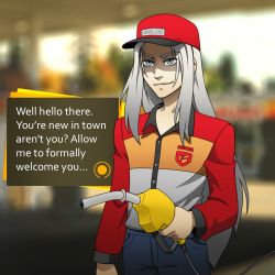 1boy blue_eyes collared_shirt commission cosplay dialogue_box english_text final_fantasy final_fantasy_vii gas_pump gas_pump_nozzle gas_station guilhermerm hat holding izanami_(persona) izanami_(persona)_(cosplay) long_hair long_sleeves male_focus nintendo outdoors pale_skin parody persona persona_4 sephiroth shaded_face shirt sidelocks silver_hair smile smirk solo super_smash_bros. very_long_hair