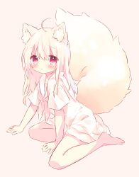absurdres ahoge animal_ear_fluff animal_ears bare_arms barefoot blonde_hair blush dress fox_ears fox_girl fox_tail hair_between_eyes highres looking_at_viewer medium_hair on_floor open_mouth original pink_background red_eyes simple_background sitting tail wariza white_dress yunochia