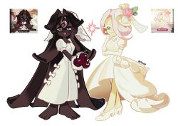 2girls black_forest_cookie bouquet bridal_veil brown_hair cherry cookie_run cookie_run:_kingdom cross-shaped_pupils dark-skinned_female dark_skin dress flower food fruit gloves hair_intakes humanization long_hair looking_at_viewer michelin_(p0lo09) multiple_girls official_art_inset puffy_short_sleeves puffy_sleeves short_sleeves smile symbol-shaped_pupils veil very_long_hair wedding_cake_cookie wedding_dress white_dress white_eyes white_hair white_veil