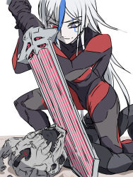 1boy 1girl addamaque black_bodysuit blue_hair bodysuit closed_mouth grey_bodysuit hair_between_eyes heterochromia highres holding holding_sword holding_weapon multicolored_bodysuit multicolored_eyes multicolored_hair purple_eyes red_bodysuit red_eyes smile sword the_hundred_line_-last_defense_academy- v&#039;ehxness weapon white_hair