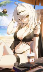 1girl ahoge alternate_costume beach beach_umbrella between_breasts bikini black_bikini blue_sky breasts cellphone closed_mouth cloud cup disposable_cup highres long_hair looking_at_viewer majo_(pastamajo) mole mole_on_breast navel phone sand sky smartphone solo swimsuit thigh_strap umbrella water white_hair yellow_eyes yixuan_(zenless_zone_zero) zenless_zone_zero