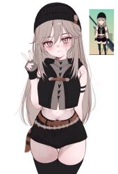 1girl arm_strap bandaid bandaid_on_cheek bandaid_on_face bare_shoulders beanie belt black_shorts black_thighhighs black_vest brown_eyes brown_hair brown_shirt commentary cowboy_shot crop_top fingerless_gloves game_screenshot_inset gloves hand_up hat highres long_hair looking_at_viewer mabinogi madan_(kkh8936) midriff navel shirt short_shorts shorts simple_background sleeveless sleeveless_shirt solo thigh_gap thighhighs thighs v vest white_background