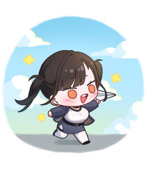 1girl arm_up black_hair black_shoes blue_sky blunt_bangs blush border breasts chibi choker cloud commentary deformed earbuds earphones english_commentary full_body goddess_of_victory:_nikke highres jacket large_breasts long_sleeves open_clothes open_jacket open_mouth outdoors outstretched_arms pantyhose paper_airplane red_eyes round_border round_teeth running shirt shoes side_slit skirt skirt_set sky solid_circle_eyes solo sora_(nikke) spread_arms suit_jacket teeth travel_attendant two_side_up upper_teeth_only uz_(uzru0428) white_background white_pantyhose white_shirt