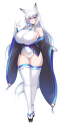 Rule 34 | 1girl, animal ears, bare shoulders, blue eyes, blush, breasts, collar, fox ears, fox shadow puppet, fox tail, hair ornament, highres, huge breasts, kutan, leotard, living clothes, long hair, looking at viewer, mizuki (kutan), original, pinwheel hair ornament, purple eyes, ribbon-trimmed thighhighs, ribbon trim, smile, solo, tail, thighhighs, white background, white hair, white thighhighs