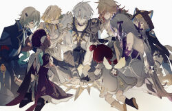 3boys 5girls aglaea_(honkai:_star_rail) anaxa_(honkai:_star_rail) aqua_hair back black_jacket blonde_hair castorice_(honkai:_star_rail) cat_girl character_name cipher_(honkai:_star_rail) closed_eyes closed_mouth dress grey_hair highres honkai:_star_rail honkai_(series) hyacine_(honkai:_star_rail) jacket kneehighs mississipping multicolored_hair multiple_boys multiple_girls mydei_(honkai:_star_rail) orange_hair phainon_(honkai:_star_rail) pink_hair red_dress red_hair sitting socks two-tone_hair white_dress