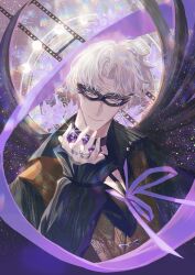 1boy absurdres between_fingers black_cape black_choker black_shirt brown_vest cape charlie_su chinese_commentary choker clematis_(flower) closed_mouth curtained_hair d20_(die) dice domino_mask earrings film_strip floating_cape flower frilled_sleeves frills glint highres holding holding_dice jewelry light_and_night_love long_sleeves looking_at_viewer male_focus mask moon_phases multiple_rings neck_ribbon parted_bangs polyhedral_dice popped_collar purple_eyes purple_flower purple_ribbon ribbon ring shirt short_hair single_earring sky smile snow234 solo star_(sky) star_(symbol) star_earrings starry_sky upper_body vest white_hair white_shirt