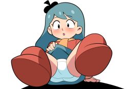 1girl arm_support ass beret black_eyes black_hat blue_hair blue_skirt blush boots clothes_lift crotch_seam flat_chest hat hilda_(hilda) hilda_(series) legs_up loli long_hair long_sleeves looking_at_viewer lying open_mouth orange_scarf panties red_boots red_sweater scarf skirt skirt_lift sweater underwear white_background white_panties yume_yoroi