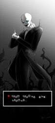 1boy colored_sclera dark grin heart highres hollow_eyes hollow_mouth long_sleeves male_focus monochrome nsio open_mouth shirt simple_background skeleton smile solo sweater teeth turtleneck undertale uneven_eyes w.d._gaster wingdings