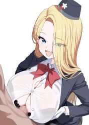 1boy 1girl absurdres black_bra blonde_hair blue_archive blue_eyes blue_jacket blue_skirt bra breasts censored commentary_request fang hat hetero highres jacket large_breasts mini_hat mosaic_censoring myapanpan official_alternate_costume open_mouth paizuri paizuri_under_clothes pina_(blue_archive) pina_(guide)_(blue_archive) shirt simple_background skin_fang skirt underwear white_background white_shirt