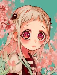 1girl amd_aoneko aqua_background black_shirt commentary_request flower gradient_hair green_hair hair_ornament highres jibaku_shounen_hanako-kun long_hair looking_at_viewer magatama magatama_hair_ornament multicolored_hair open_mouth petals pink_flower portrait red_eyes shirt short_bangs skull_print solo two-tone_shirt white_hair white_shirt yashiro_nene
