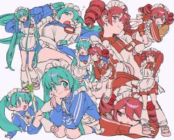 absurdres alternate_costume blue_bow bow dress frills hatsune_miku highres jacket japanese_clothes ka_4maki kasane_teto kimono long_hair maid maid_headdress multiple_girls one_eye_closed open_mouth pantyhose red_hair ribbon shoes skirt smile synthesizer_v track_jacket twintails utau vocaloid