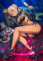 1girl artoria_pendragon_(fate) between_legs bikini black_bikini black_ribbon black_shoes black_shrug blonde_hair breasts bun_with_braided_base bunbun cleavage collared_shrug cupcake dark-skinned_female dark_skin dessert double_bun energy_scythe fate/grand_order fate_(series) food front-tie_bikini_top front-tie_top full_body game_cg hair_bun hair_ribbon handheld_game_console holding holding_food holding_popsicle holding_scythe holding_weapon hood hood_down hooded_shrug long_sleeves looking_at_viewer lying medium_breasts mysterious_heroine_xx_alter_(fate) official_art on_side open_mouth plate popsicle ribbon scythe shoes shrug_(clothing) side-tie_bikini_bottom sidelocks single_bare_leg sneakers solo swimsuit tan thigh_strap third-party_source weapon weapon_between_legs yellow_eyes