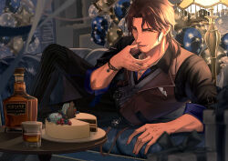 1boy absurdres alcohol balloon belmond_banderas black_jacket box bracelet brown_hair brown_jacket cat fingernails food gift gift_box grey_vest highres indoors jacket jewelry koniko0907 lamp licking licking_finger licking_lips looking_at_viewer lying macaron male_focus nijisanji on_side pectoral_cleavage pectorals picture_frame sleeveless sleeveless_jacket solo sparse_stubble table tongue tongue_out vest virtual_youtuber whiskey
