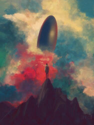 1other cloud cloudy_sky dkaism from_behind full_body grey_sweater looking_at_object mountaintop original painterly scenery size_difference sky standing sweater