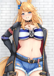 1girl absurdres animal_ears bandeau belt black_belt black_choker black_jacket blonde_hair blue_bow blue_eyes blush bow breasts choker cleavage commentary_request cowboy_shot cutoffs denim denim_shorts gold_city_(umamusume) grin hair_bow hands_in_pockets highres hiyoko_18-gou horse_ears horse_girl jacket long_hair long_sleeves looking_at_viewer midriff navel open_clothes open_jacket paid_reward_available plump short_shorts shorts smile solo standing stomach strapless striped_bandeau studded_belt tail thighs tube_top umamusume