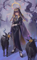 1girl :/ absurdres alternate_costume animal_ears bare_tree black_dress black_footwear blonde_hair closed_mouth dress ears_through_headwear full_body gloves goat habit halo high_heels highres hololive hololive_english juliet_sleeves long_hair long_sleeves looking_at_viewer meiyan_(boyimachao) mole mole_under_eye multicolored_hair ninomae_ina&#039;nis nun pelvic_curtain puffy_sleeves purple_eyes purple_hair sidelocks solo standing streaked_hair tentacles thighhighs tree veil very_long_hair virtual_youtuber white_gloves white_thighhighs