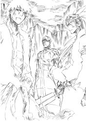 3boys abarai_renji abs aizen_sousuke bleach bleach:_sennen_kessen-hen bodysuit clenched_hand closed_mouth commentary_request dirty dirty_face eyepatch feet_out_of_frame fighting_stance headband highres holding holding_sword holding_weapon jacket japanese_clothes ken&#039;ichi_(ken1ro_u) kimono kurosaki_ichigo long_hair looking_at_viewer male_focus monochrome multiple_boys muscular muscular_male nose one_eye_covered ponytail profile scene_reference serious short_hair sideways_glance sketch spiked_hair standing sword torn_clothes torn_jacket torn_kimono weapon zabimaru_(shikai)