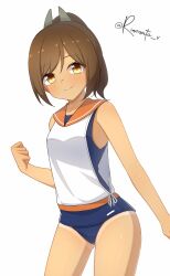 Rule 34 | 1girl, aticsanir, blue one-piece swimsuit, blush, brown eyes, brown hair, hair ornament, highres, i-401 (kancolle), kantai collection, looking at viewer, one-piece swimsuit, orange sailor collar, ponytail, sailor collar, school swimsuit, school uniform, serafuku, short hair, short ponytail, sleeveless, smile, solo, swimsuit, swimsuit under clothes, tan, twitter username, white background