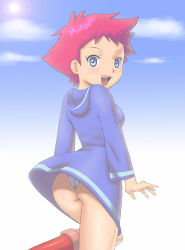 1girl apostle_(artist) ass blue_eyes blush boots clothes_lift dress dress_lift female_focus hood hoodie kumatora looking_back mother_(series) mother_3 nintendo open_mouth panties pink_hair short_hair skirt smile solo third-party_edit underwear upskirt