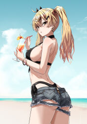 1girl ass bare_shoulders bikini black_bikini blonde_hair blush breasts brown_eyes highres large_breasts long_hair looking_at_viewer ocean original solo swimsuit takanashi_kei_(hitsujikan) thighs twintails