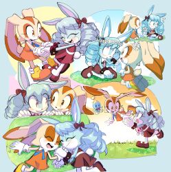 2girls absurdres animal_ears anya_the_rabbit blue_fur blue_hair brown_dress brown_shoes chao_(sonic) closed_eyes cream_the_rabbit drawloverlala dress flower flower_wreath furry furry_female gloves grass hair_flower hair_ornament head_wreath highres multiple_girls multiple_views open_mouth orange_dress orange_shoes original rabbit_ears rabbit_girl shoes sonic_(series) white_flower white_gloves