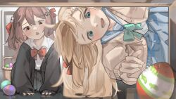 2girls absurdres ahoge aqua_bow aqua_bowtie basket black_cardigan black_skirt blonde_hair blue_eyes blue_skirt bow bowtie broken_heart broken_heart_hair_ornament brown_hair cardigan chestnut_mouth commentary dress_shirt easter_egg egg evil_neuro-sama hair_between_eyes hair_ribbon heart highres long_hair long_sleeves looking_at_object multiple_girls neuro-sama off_shoulder open_mouth red_bow red_bowtie red_eyes red_ribbon ribbon sai_sakana school_uniform shirt skirt sleeves_past_wrists symbol-only_commentary vedal_ai virtual_youtuber white_shirt yellow_cardigan