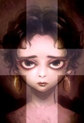 1girl betty_boop betty_boop_(series) black_eyeliner black_hair closed_mouth cross curly_hair earrings eyelashes eyeliner glint highres hoop_earrings jewelry looking_at_viewer makeup nostrils portrait realistic rei_(islaya) short_hair solo straight-on