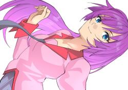 1girl bakemonogatari blue_eyes blue_skirt blush breasts closed_mouth collared_shirt grey_necktie hand_up hashtag-only_commentary juliet_sleeves leaning_back long_hair long_sleeves looking_at_viewer medium_breasts monogatari_(series) naoetsu_high_school_uniform nari_(nari149528) necktie pink_shirt puffy_sleeves purple_hair school_uniform senjougahara_hitagi shirt simple_background skirt smile solo upper_body very_long_hair white_background