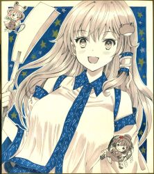 Rule 34 | 3girls, :d, bare shoulders, blue background, blue sky, border, breasts, chibi, commentary request, detached sleeves, dutch angle, frog hair ornament, gohei, greyscale, hair ornament, hair tubes, hajike akira, highres, holding, holding gohei, kochiya sanae, limited palette, long hair, long sleeves, medium breasts, midriff peek, mini person, minigirl, monochrome, moriya suwako, multiple girls, oonusa, open mouth, shirt, single hair tube, single sidelock, sky, sleeveless, sleeveless shirt, smile, snake hair ornament, star (symbol), touhou, traditional media, upper body, very long hair, white border, wide sleeves, yasaka kanako