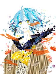1girl abstract ahoge blue_hair blue_sailor_collar brown_shirt cathinthecloud commentary dot_nose english_commentary flower hair_between_eyes hair_flower hair_ornament highres light_frown looking_up masking_tape_(medium) neckerchief original sailor_collar shirt short_hair sidelocks signature solo unconventional_media upper_body white_background yellow_eyes yellow_neckerchief