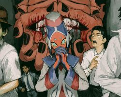 Rule 34 | 1other, 6+boys, belt, black hair, black nails, blazer, blood, blood in mouth, blue eyes, blue skin, borrowed character, collared shirt, colored sclera, colored skin, commission, corpse, covered mouth, decapitation, disembodied hand, formal clothes, gakudayo, hand focus, hat, highres, horror (theme), interlocked fingers, jacket, looking at viewer, looking back, monster, multicolored skin, multiple boys, necktie, open mouth, original, out of frame, own hands together, pants, red skin, running, shirt, short eyebrows, skeb commission, suit, sweat, teeth, upper body, yellow sclera