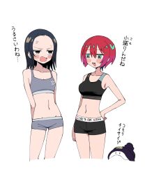 2girls amate_yuzuriha anger_vein black_hair black_panties black_sports_bra blue_eyes blush breasts clothes_writing commentary_request comoli_harcourt cropped_legs fang forehead grey_panties grey_sports_bra gundam gundam_gquuuuuux haro highres large_breasts lineart medium_hair multiple_girls navel open_mouth panties red_hair sabi1234 short_hair simple_background skin_fang small_breasts sports_bra sweat translation_request underwear underwear_only underwear_writing white_background