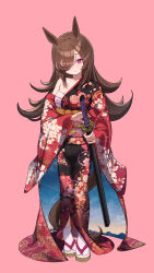 Rule 34 | 1girl, absurdres, animal ears, blush, brown hair, chest sarashi, closed mouth, commentary request, floral print, floral print kimono, hair over one eye, highres, holding, holding sword, holding weapon, horse ears, horse girl, horse tail, japanese clothes, katana, kimono, long hair, looking at viewer, obi, print kimono, purple eyes, red kimono, rice shower (umamusume), sandals, sarashi, sash, single bare shoulder, smile, socks, solo, sword, tail, umamusume, weapon, white socks, yomean!