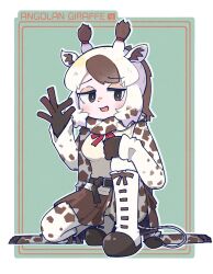 Rule 34 | 1girl, angolan giraffe (kemono friends), animal ears, animal print, blonde hair, blush, boots, bow, bowtie, brown boots, brown eyes, brown gloves, brown hair, brown skirt, giraffe ears, giraffe girl, giraffe horns, giraffe print, giraffe tail, gloves, hair between eyes, highres, horns, kemono friends, long sleeves, multicolored hair, on one knee, pantyhose, pleated skirt, print pantyhose, print scarf, print sleeves, red bow, red bowtie, scarf, shirt, short hair, sidelocks, skirt, solo, sorairo meronpan, tail, vest, white boots, white hair, white shirt, white vest