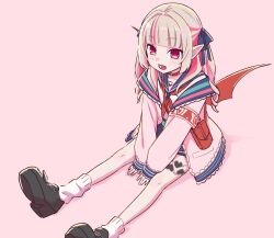 1girl armband bag black_shoes blue_sailor_collar blue_skirt brown_hair colored_inner_hair demon_wings hair_intakes hair_ribbon highres jacket leg_tattoo long_hair looking_at_viewer makaino_ririmu makaino_ririmu_(4th_costume) miniskirt mopyo multicolored_hair neckerchief nijisanji open_mouth pink_background pink_eyes pink_hair pink_jacket pleated_skirt red_neckerchief ribbon sailor_collar school_uniform serafuku shirt shoes shoulder_bag simple_background sitting skirt smile socks solo streaked_hair tattoo two-tone_hair two_side_up virtual_youtuber white_shirt white_socks winged_heart_tattoo wings