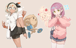 2girls :o absurdres alcremie alternate_costume bag bea_(pokemon) between_breasts bike_shorts black_hairband blonde_hair bow_hairband breasts cardigan collared_shirt commentary crossed_hands eyelashes fighting_stance flying_sweatdrops gen_2_pokemon gen_8_pokemon grey_eyes hair_between_eyes hair_ornament hairband hairclip highres hitmontop jin_rou knee_pads lacey_(pokemon) leg_up looking_at_viewer multiple_girls nintendo open_mouth pink_cardigan pleated_skirt pokemon pokemon_(creature) pokemon_sv pokemon_swsh purple_hair school_uniform shirt short_hair short_sleeves shoulder_bag skirt stirrup_legwear strap_between_breasts thighhighs toeless_legwear white_bag white_shirt white_thighhighs wristband yellow_eyes